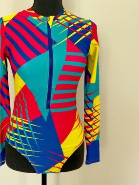 SHEIN Multicolor Geometric Long-Sleeve Zip Front One-Piece